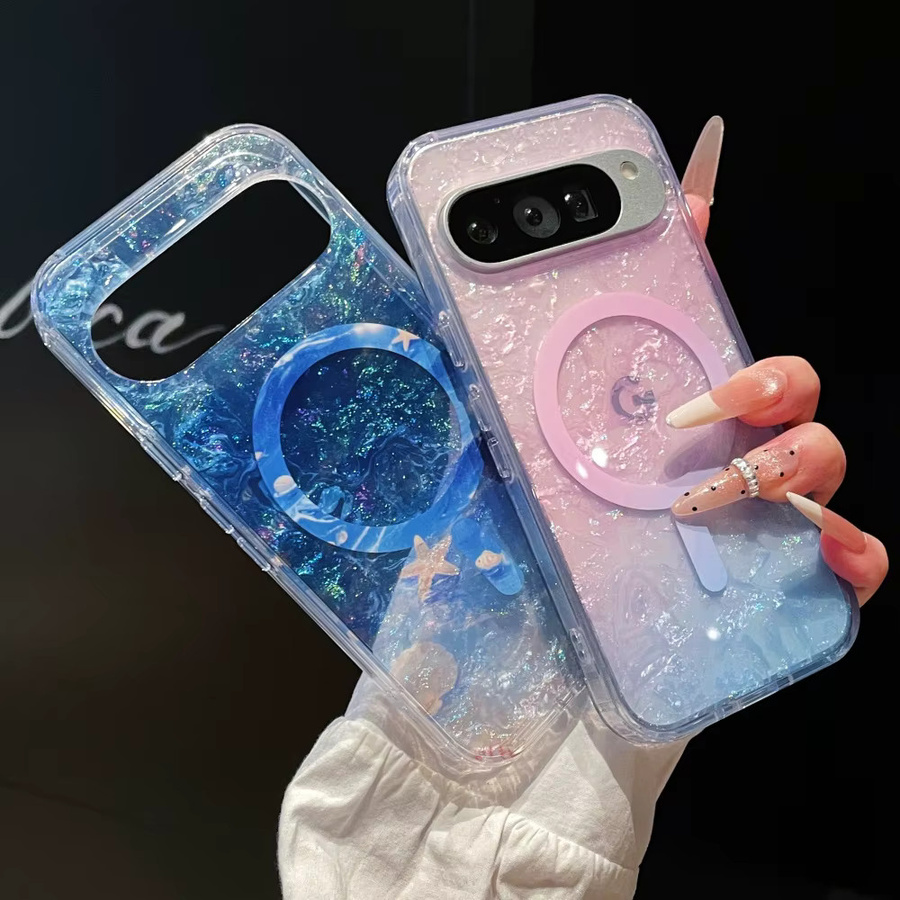 Stoßfeste MagSafe Magnetgehäuse mit Ocean Shell Pattern für Google Pixel 11, 10, 9 Pro XL und 11 Pro in Transparent Blau mit Glitzer-Effekt - Bild 2