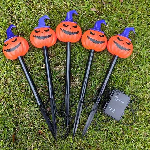 5er-Set Halloween Jack-O-Lanternen Wasserdichte Gartenlichter mit Batteriebetrieb in Orange und Gelb - Bild 1