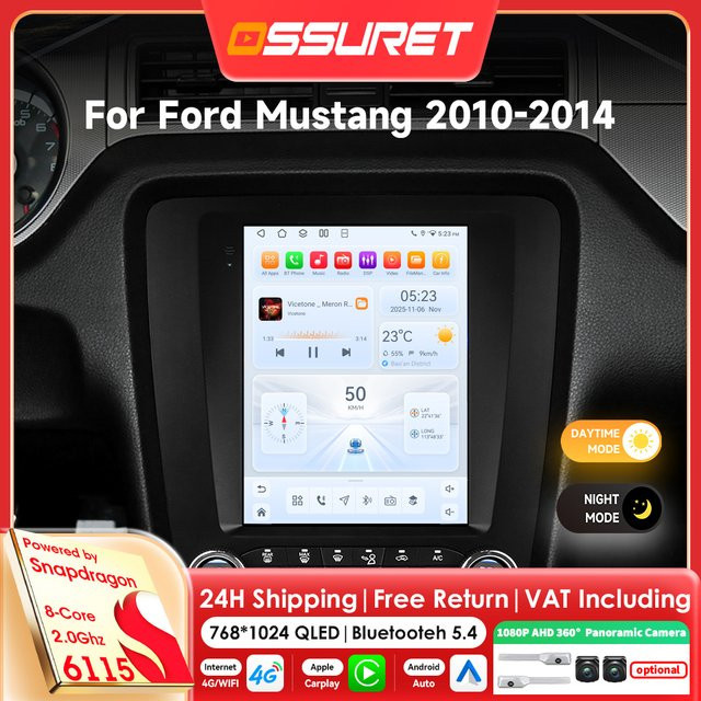 OSSURET Android 14 Autoradio für FORD Mustang 2010-2014 mit 9,7 Zoll Display, 8-Kern Snapdragon 6115 Prozessor, Carplay, GPS und 360-Grad-Kamera, Schwarz - Bild 1