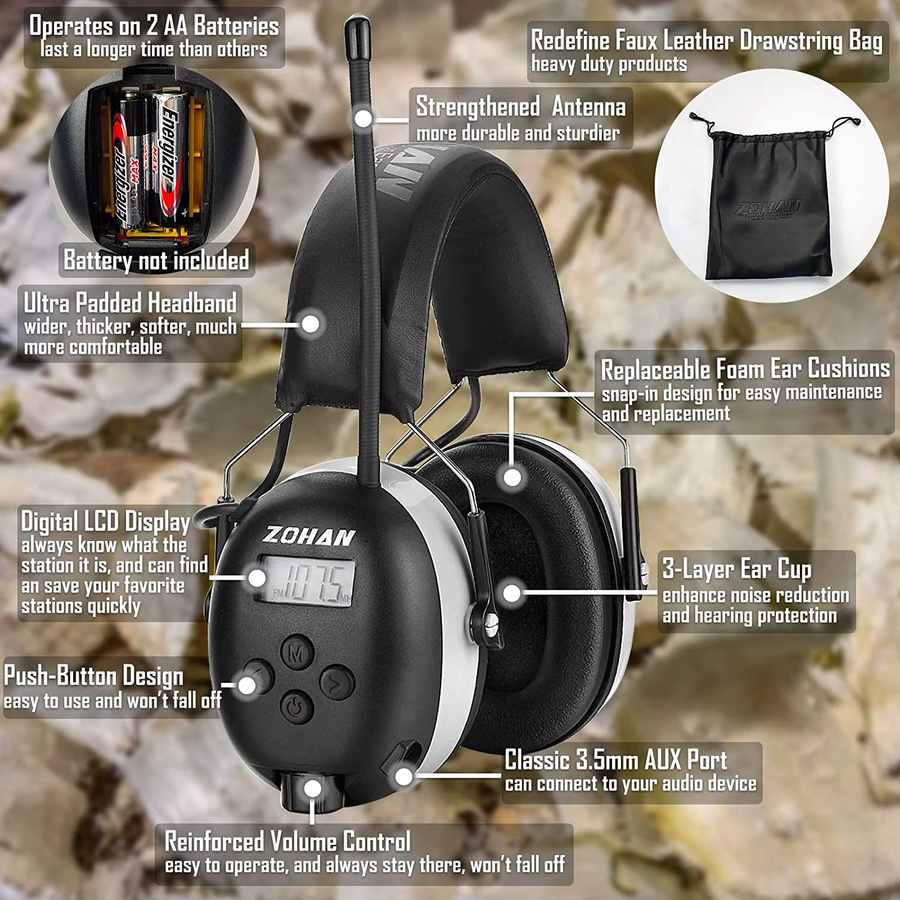 ZOHAN Elektronischer Kopfhörer-Gehörschutz mit AM/FM Radio und Geräuschunterdrückung, Farbe: Schwarz, NRR 25dB - Bild 3