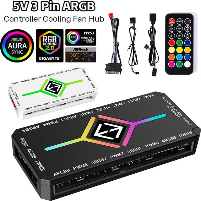ALLOYSEED PC-Lüfter-Hub, 5 V, 3-poliger ARGB-Controller mit PWM-Temperaturregelung für Gaming-PC-RGB-Effekte in Schwarz - Bild 1