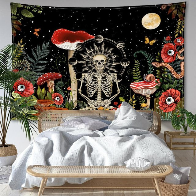 Bohemian Wandteppich von Super Six mit Mondphase, Skelett und Pilz-Motiv in Grau und Schwarz, Breite: 95 cm, Höhe: 70 cm - Bild 1