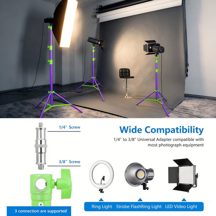 Robustes Aluminium-Lichtstativ SH in Silber und Multicolour, 2,8 m lang, mit 1/4 Zoll bis 3/8 Zoll Universalschraube für Studio-Softbox und Fotoblitzlicht - Bild 2