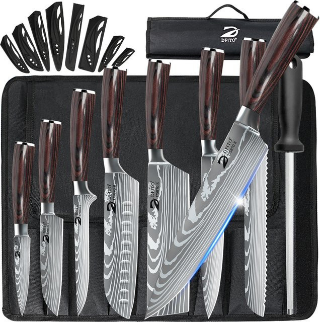 MDHAND 8-teiliges Damaszener Edelstahl Küchenmesser-Set in Rot mit Kochmesser, Santoku, Hackmesser, Tranchiermesser, Ausbeinmesser, Allzweckmesser und Schälmesser im japanischen Stil - Bild 1