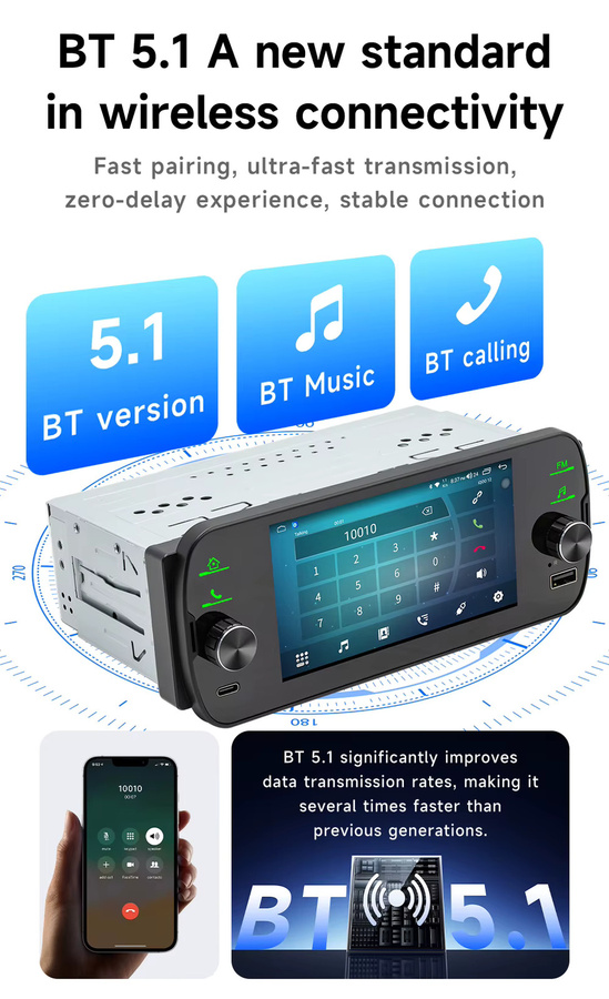 BQCC Universal Auto Media Player 1Din 5 Zoll mit Android 13, Drahtloses CarPlay und Android Auto, WiFi, GPS, 4G, Bluetooth, Schwarz - Bild 3
