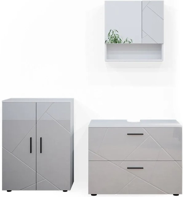Vicco Badmöbelset Irma in Weiß Hochglanz, 3-teilig bestehend aus Unterschrank, Spiegelschrank und Badschrank, Breite: 80 cm - Bild 2