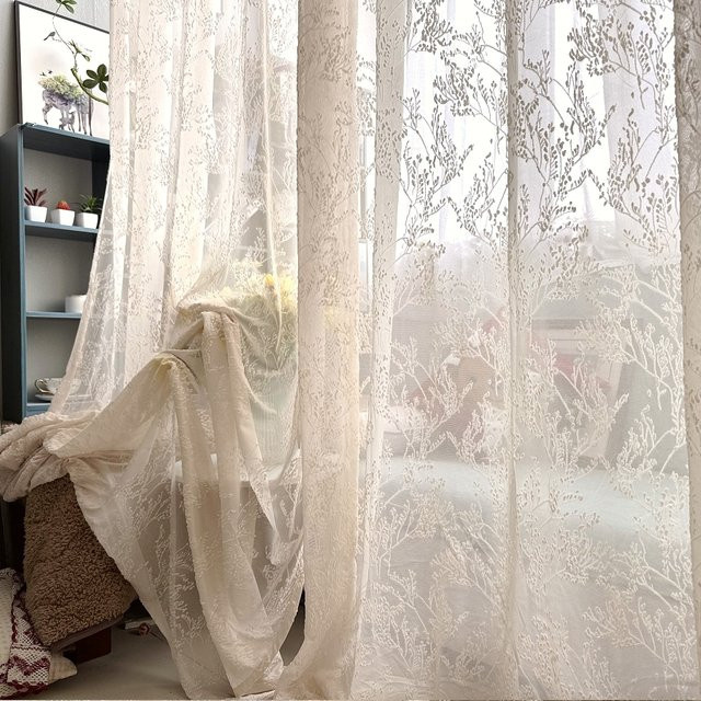 AiFish Undurchsichtige Tüllvorhänge mit Samt-Zweigmuster in Creme Beige und Gelb für Schlafzimmer und Wohnzimmer - Bild 1