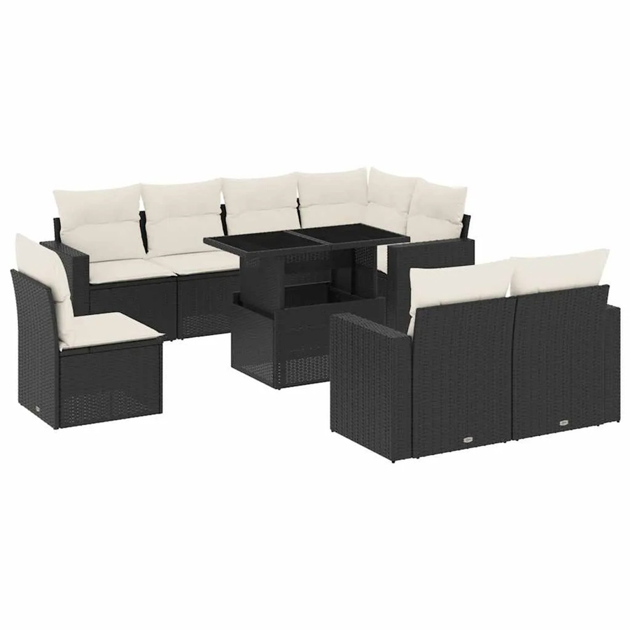 vidaXL 9-teilige Garten-Sofagarnitur in L-Form aus Poly-Rattan mit Kissen in Schwarz-Creme - Bild 2