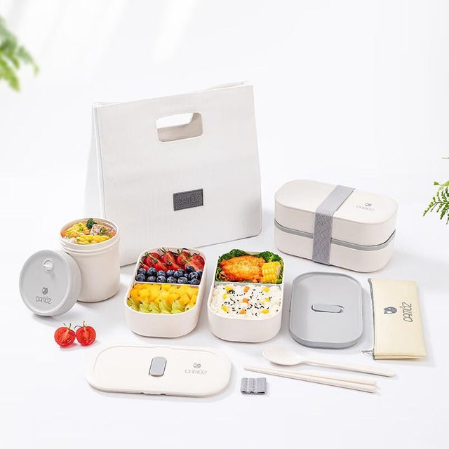 CAMUZ Bento-Box-Set in Weiß: Doppelwandige, auslaufsichere Brotdose im japanischen Stil, mikrowellengeeignet und mit Unterteilungen - Bild 1
