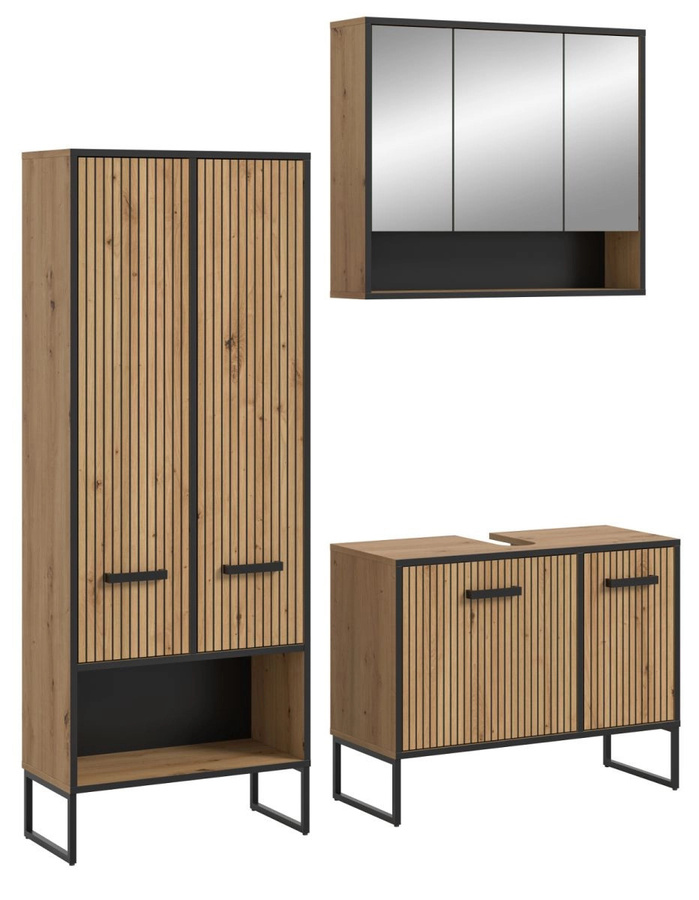 3-teiliges Badmöbel Set Scana von Inn.Furn in Eiche matt mit Waschtischunterschrank, Spiegelschrank und Hochschrank, B/H: 192 x 154 x 36 cm - Bild 4