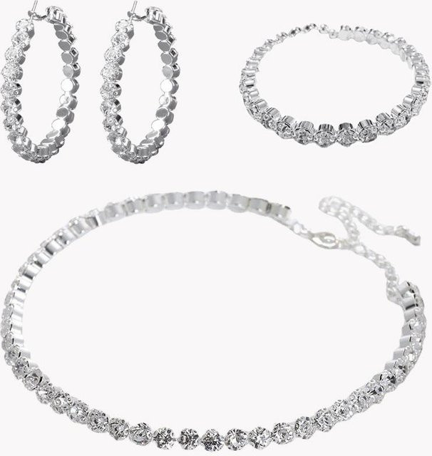 Schmuck-Set Halskette, Ohrringe, Armband, Messing, Silber, Zirkonia, Damen - Bild 1