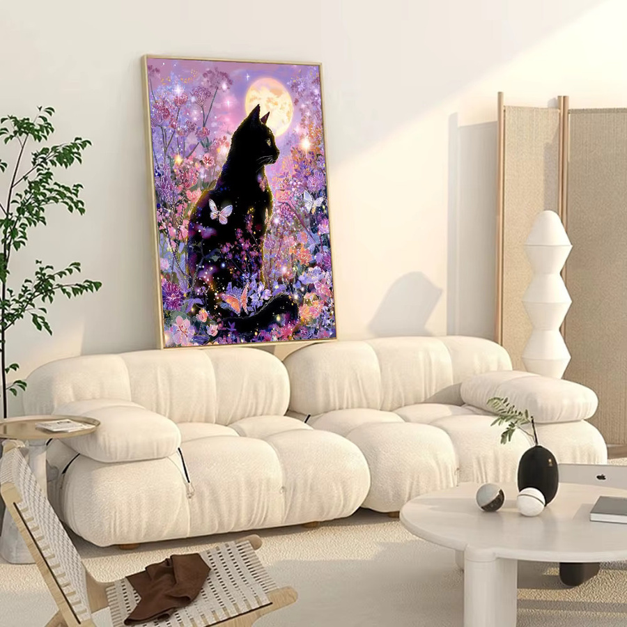 Huacan 5D DIY Diamantmalerei Katze am Mond als Diamantmosaik Tier-Landschaft Wanddekoration, Mehrfarbig, Durchmesser: 30 cm - Bild 3