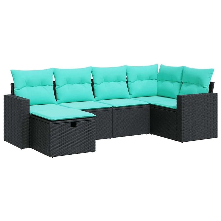 vidaXL 6-teilige Garten-Sofagarnitur in L-Form aus Poly-Rattan mit blauen Kissen und Metallgestell, Schwarz - Bild 2