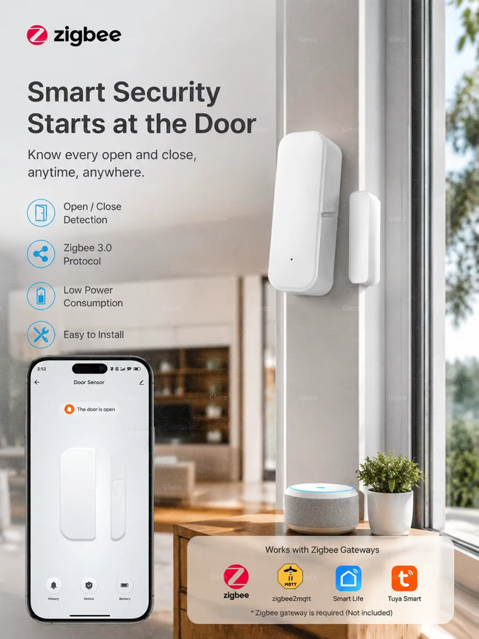Coolo Zigbee Tür- und Fenstersensor in Weiß für Smart Life, Alexa und Google Home mit Einbruchschutz und magnetischem Kontaktmelder - Bild 1