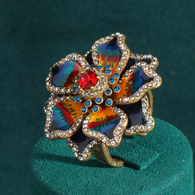 Icareu Blumenring, Emaille, Malachit, Strass, Damen - Bild 1