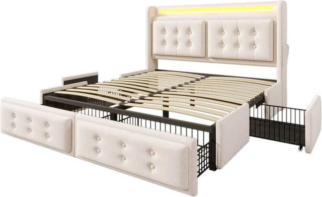 okwish Polsterbett Beige mit LED-Kopfteil, USB-Anschluss und Bettablage, B/T/H: 160 x 200 x 106 cm - Bild 1