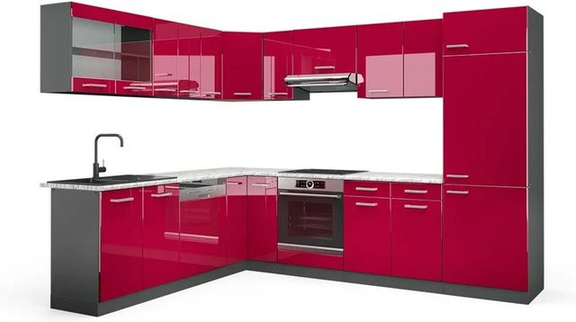 Vicco R-Line Eckküche in Bordeaux Hochglanz und Anthrazit mit Marmor-Optik, B/T/H: 227 x 287 x 207 cm - Bild 1