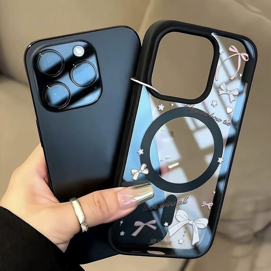 Caynes Magnetische Handyhülle mit Rosa Schwarzer Schleife für iPhone 17 Pro Max 16 15 14 13 12 Transparent Acryl Stoßfestes Funda Cover - Bild 4