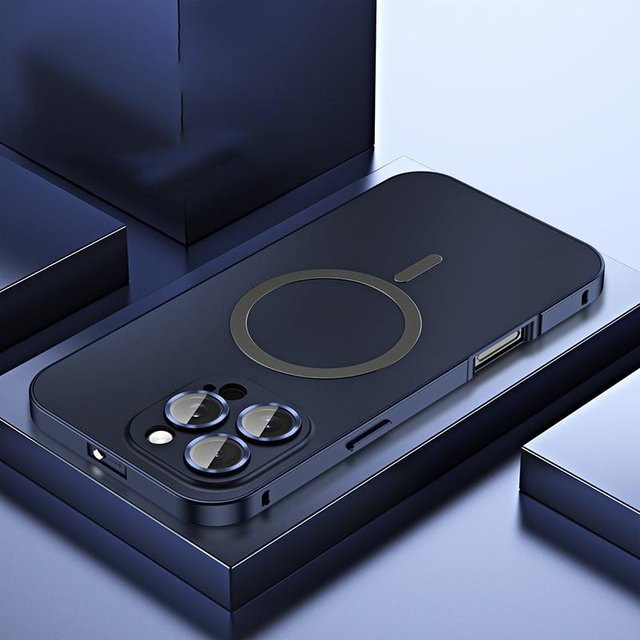 MagSafe kompatible Metall Schutzhülle für Apple iPhone 12 bis 16 Pro Max mit Aluminiumrahmen und Objektivschutz in Navy Blau - Bild 1