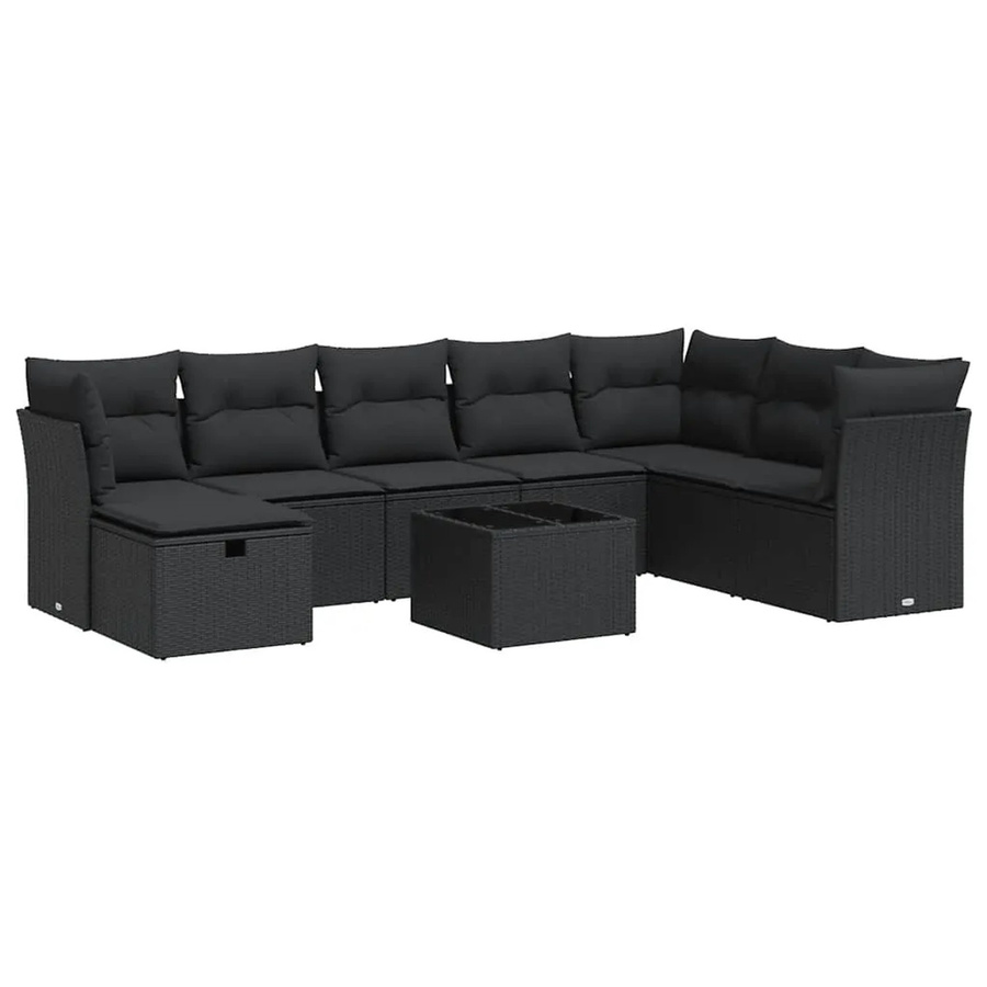 vidaXL 9-tlg. Garten-Sofagarnitur in L-Form aus Poly-Rattan und pulverbeschichtetem Stahl mit Kissen in Schwarz - Bild 2