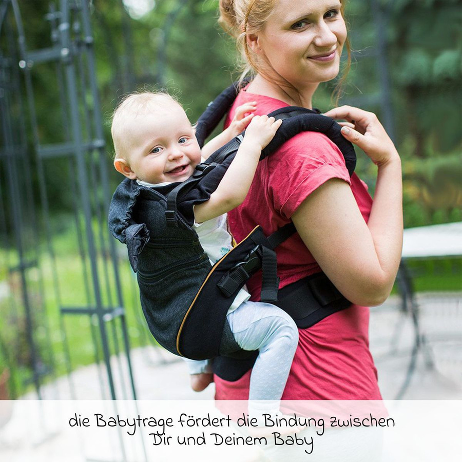 manduca Babytrage XT Schnallentrage für Babys ab 3,5 kg bis 20 kg inklusive Schnullerkette aus Holz in Denimblack Toffee - Bild 3