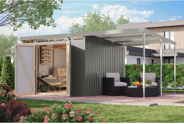 Karibu Metallgerätehaus Neos 3,5 mit Anbaudach und Oberlicht in Graualuminium - Bild 1