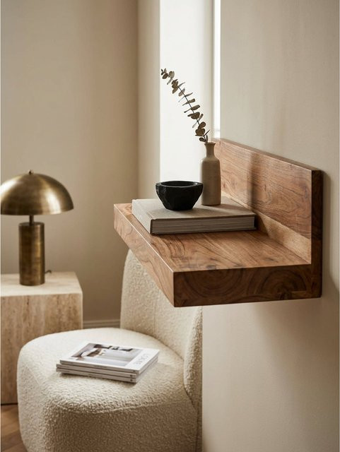 Wandregal MUMBAI von KADIMA DESIGN aus Akazie Massivholz im Landhausstil, Farbe Braun, B/T/H: 60 x 23 x 17 cm - Bild 1