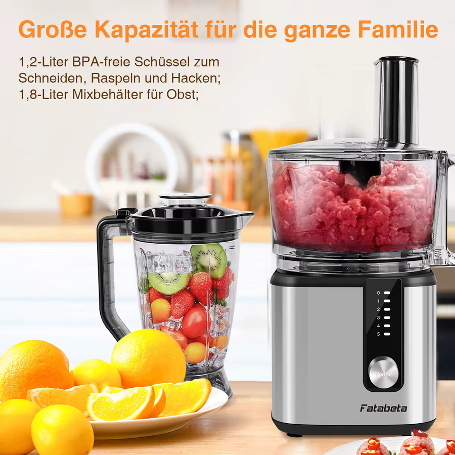 Fatabeta Edelstahl-Standmixer und Küchenmaschine in Silber und Schwarz mit zwei Schüsseln (1,8 l und 1,2 l) und 5 Geschwindigkeitsstufen zum Mixen und Hacken - Bild 4