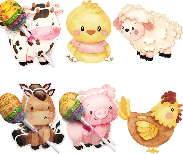 48 Stück Lutscher Verpackungshalter mit Bauernhof Tier Motiven aus Papier für Kinder Geburtstag Party Dekoration in Mehrfarbig und Pink - Bild 1