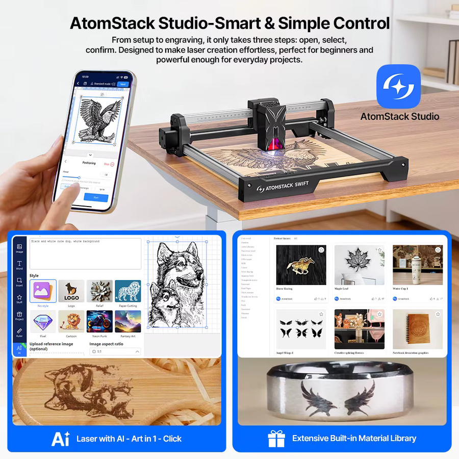 ATOMSTACK SWIFT Tragbare Lasergravurmaschine mit 12W und 7W Leistung für Holz, Acryl und Metall, CNC Lasergravierer und Schneidemaschine mit WIFI, Arbeitsbereich 300 x 300 mm - Bild 6