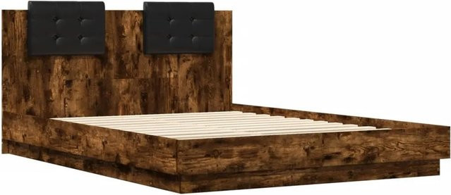 vidaXL Bettgestell mit Kopfteil, LED-Leuchten und USB-Ladeport in Räuchereiche Braun, B: 140-160 cm, H: 143 cm, T: 203 cm - Bild 1