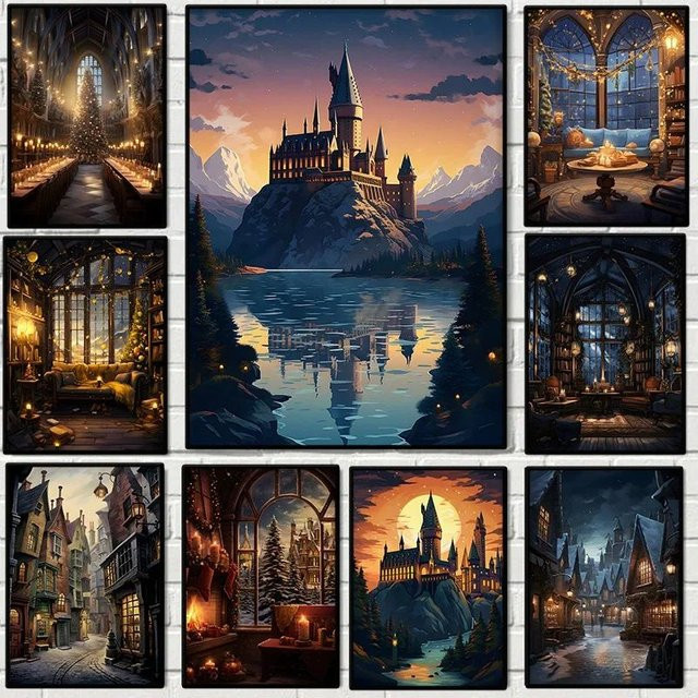 Potdemiel Wandkunst Paper Poster im Vintage-Stil mit Hogwarts-Schloss Motiv, Mehrfarbig, Breite: 25,0 cm, Höhe: 20,0 cm - Bild 1