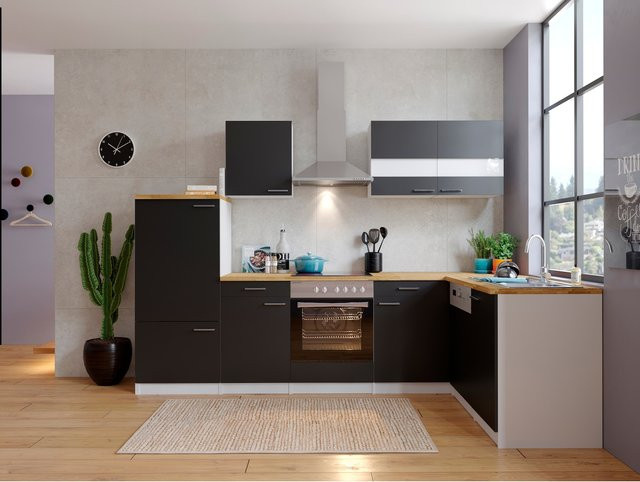Respekta Winkelküche KBL280WSCG in Weiß und Schwarz mit Nussbaum-Holzoptik und Soft-Close-Funktion - Bild 1