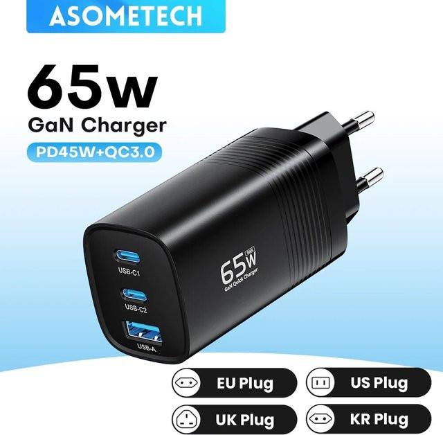 ASOMETECH GaN USB Typ C Ladegerät 65 W in Schwarz mit PPS PD und QC4.0 Schnellladefunktion für MacBook, Laptop, iPad, iPhone 16 und Samsung S23 Ultra - Bild 1