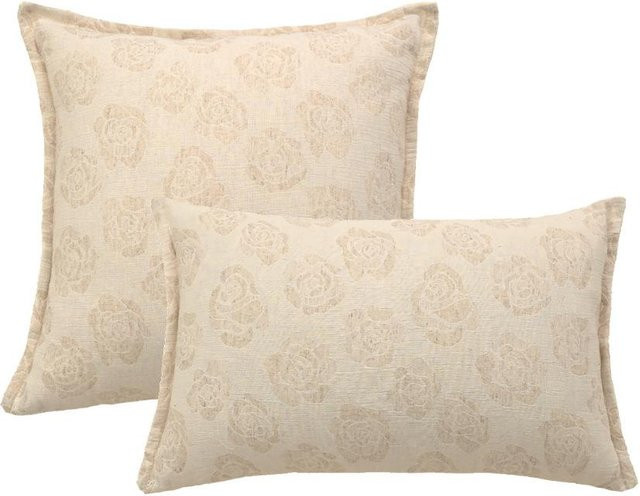 JMG Clothing Boho Kissenbezug aus Baumwolle und Leinen mit Jacquard-Floral-Muster in Beige, B/H: 45 x 45 cm - Bild 1