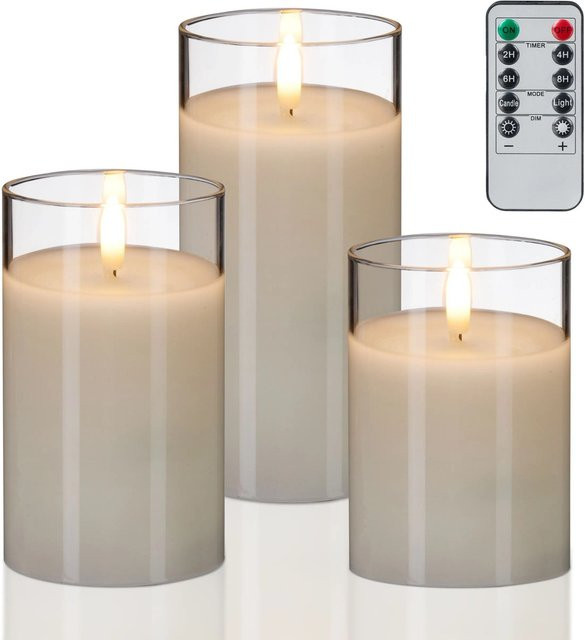 Relaxdays LED Kerzen im Glas 3er Set aus Echtwachs in Weiß mit Fernbedienung und Flackerffekt, B/T/H: 7,5 x 10 x 10 cm, 7,5 x 12,5 x 12,5 cm und 7,5 x 15 x 15 cm - Bild 1