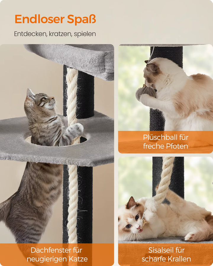 Feandrea Kratzbaum für große Katzen in Hellgrau mit dicken Sisalstämmen, H x B x T: 186,7 x 55 x 55 cm - Bild 3