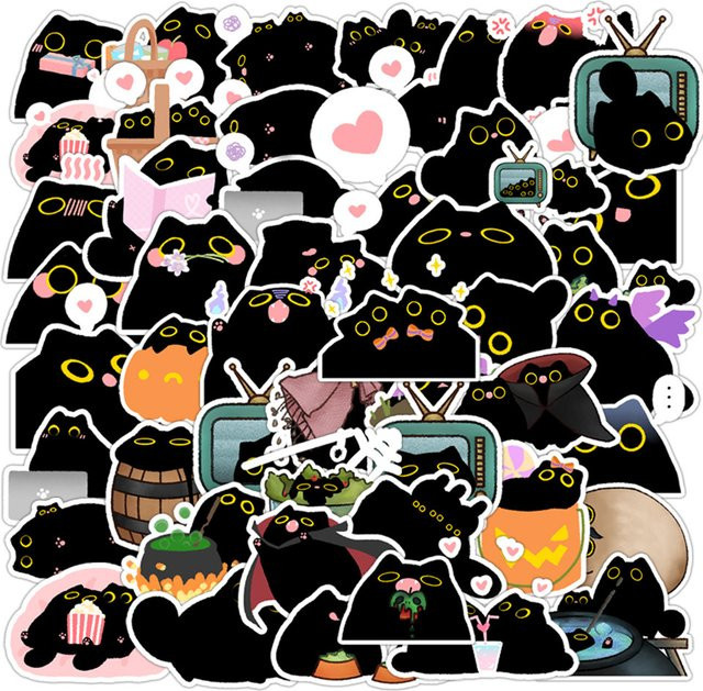 Rspctou Schwarze Katze Aufkleber, Cartoon Graffiti, 10/30/50 Stück - Bild 1