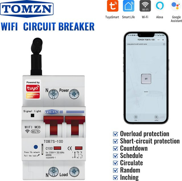 TOMZN WLAN Smart-Leistungsschalter 2P 230V AC 1-100A mit Überlastschutz und Kurzschlussschutz für die DIN-Schiene in Weiß - Bild 1