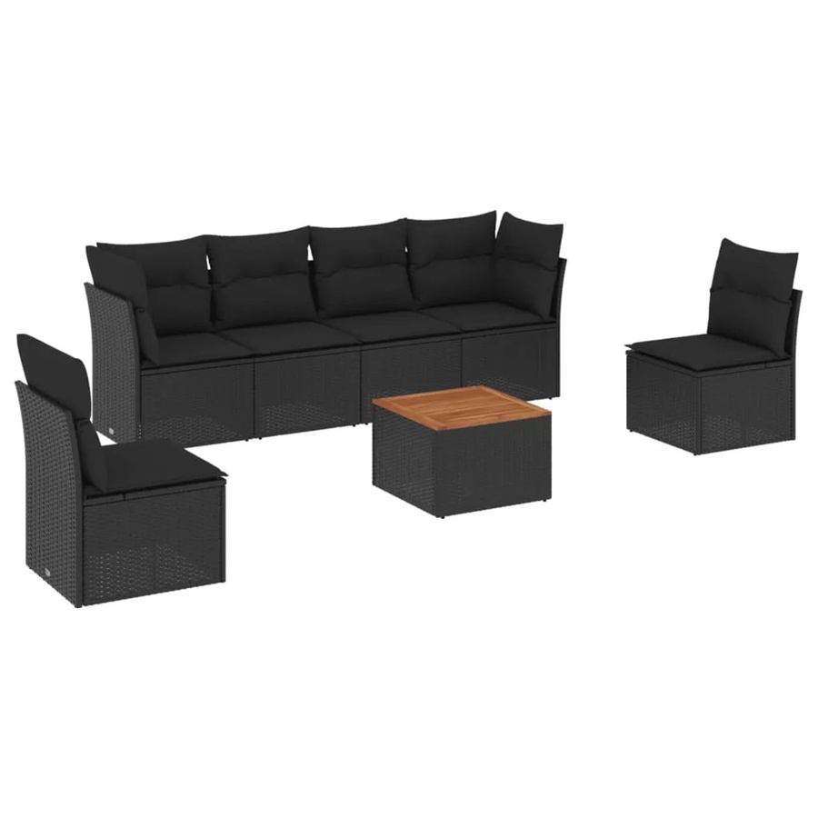 vidaXL 7-tlg Garten-Sofagarnitur aus Poly-Rattan und Akazienholz in Schwarz und Braun mit Kissen - Bild 2