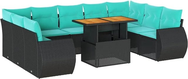 vidaXL 10-teilige Garten-Sofagarnitur in L-Form aus schwarzem Poly-Rattan mit Kissen und pulverbeschichtetem Stahlgestell - Bild 1