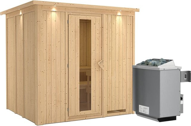 Karibu Sauna SODIN aus Fichte und Espe mit 9,0 kW Ofen, integrierter Steuerung, Dachkranz und Energiespartür, B/T/H: 198 x 210 x 170 cm - Bild 1