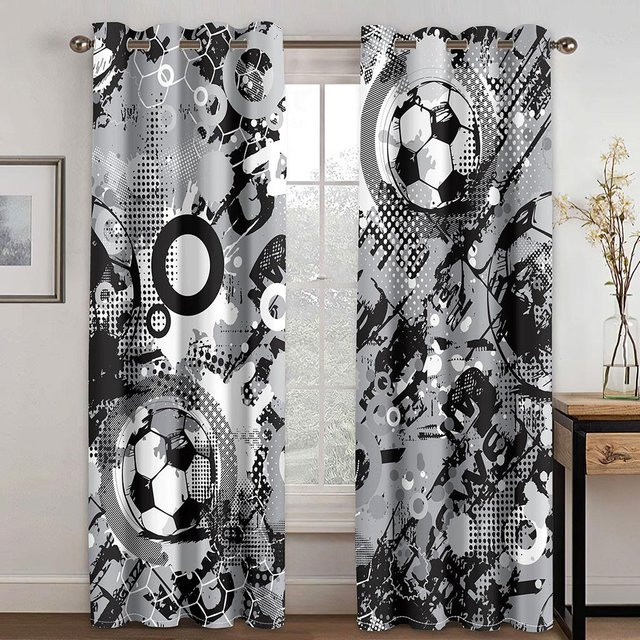 Yiran Furniture Sportvorhänge Fußball mit Flammen und Wasser Design, halbtransparent, grau/mehrfarbig, 2er-Set, B: 68 cm, H: 165 cm - Bild 1