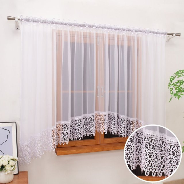 FLYINGCURTAINS Transparenter Vorhang mit Spitzenbesatz, UV-beständig, Farbe: Weiß/Transparent, Breite: 100 cm, Höhe: 150 cm - Bild 1
