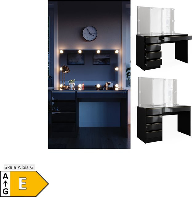 Vicco Schminktisch Sherry in Schwarz Hochglanz mit Gold-Akzenten, LED-Spiegel und 5 Schubladen, B: 120 cm, T: 75 cm, H: 75 cm - Bild 1