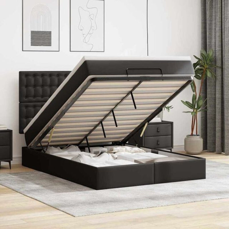 vidaxl Polsterbett Ottoman mit Matratze und LED-Beleuchtung in Schwarz aus Kunstleder, B/T: 140 x 200 cm - Bild 1