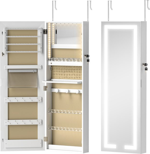 HOMCOM Schmuckschrank mit LED und Ganzkörperspiegel, abschließbarer Wand- und Tür-Organizer in Weiß - Bild 1