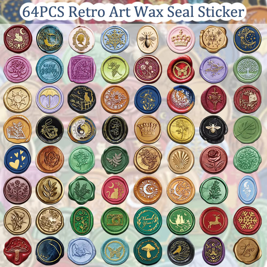 64 Stück Retro Wachsversiegelung Aufkleber aus wasserfestem PVC mit Schmetterling, Mond und Liebe Motiven in Multicolour für DIY Bastelarbeiten und Umschläge - Bild 2