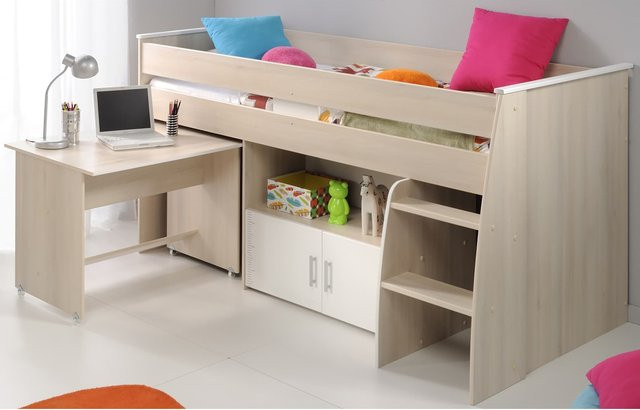 Parisot Multifunktions Hochbett Charly 4 aus Akazie und MDF in Akazie-Weiß mit Treppe und Seitenfächern, H: 206,0 cm, B: 114,0 cm, T: 110,0 cm - Bild 1