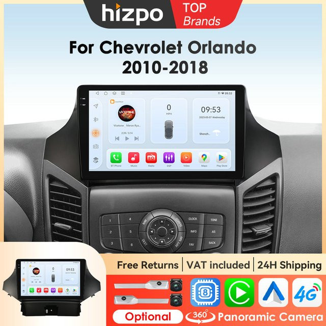 Hizpo Android 14 Multimedia-Autoradio mit GPS Navigation und Carplay für Chevrolet Orlando 2010 - 2018 in Schwarz - Bild 1